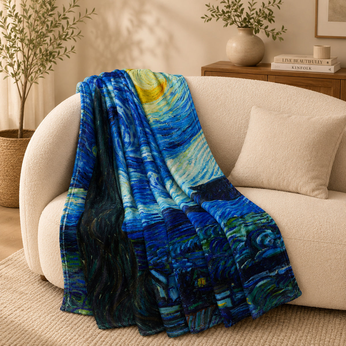 LIVMORE Starry Night Artistic Print Soft Flannel Fleece Throw Blanket (154 x 212 cm) - Blue &amp; Green 8528121 0