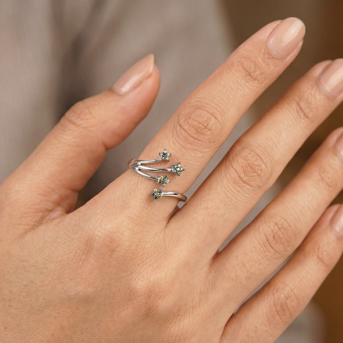 GP - Celestial Dream Collection - Multi Diamond &amp; Blue Sapphire Shooting Star Ring in Rhodium Overlay Sterling Silver 8528238 1