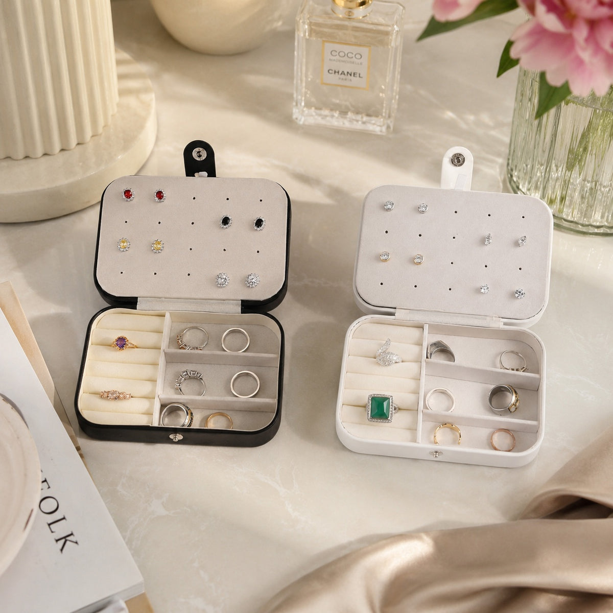 LIVMORE Set of 2 Travel Jewellery Box Organisers with Snap Button Closure (15.5x10.5x5cm) - Black &amp; White V32637716 2
