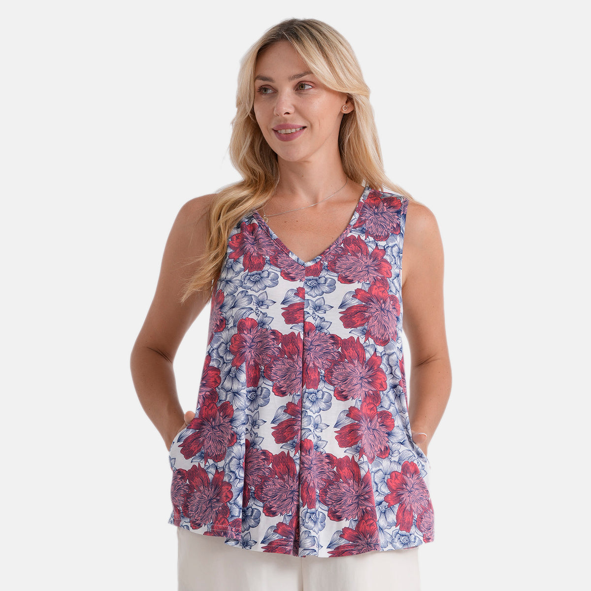 La Marey Pleated V-Neck Floral Tunic Top (One Size, 8-18) - Red V32602143 0