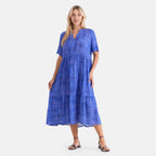 Gold Metallic Thread Stripe Geo Print Button Dress (Size S/M, 8-14) - Blue_8528735