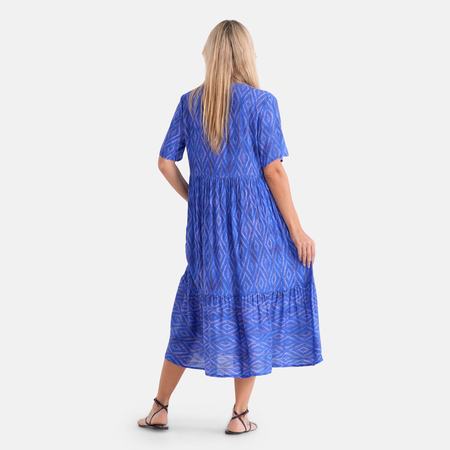 Gold Metallic Thread Stripe Geo Print Button Dress (Size S-M, 8-14) - Blue 8528735 2