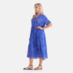 Gold Metallic Thread Stripe Geo Print Button Dress (Size S/M, 8-14) - Blue_8528735_3