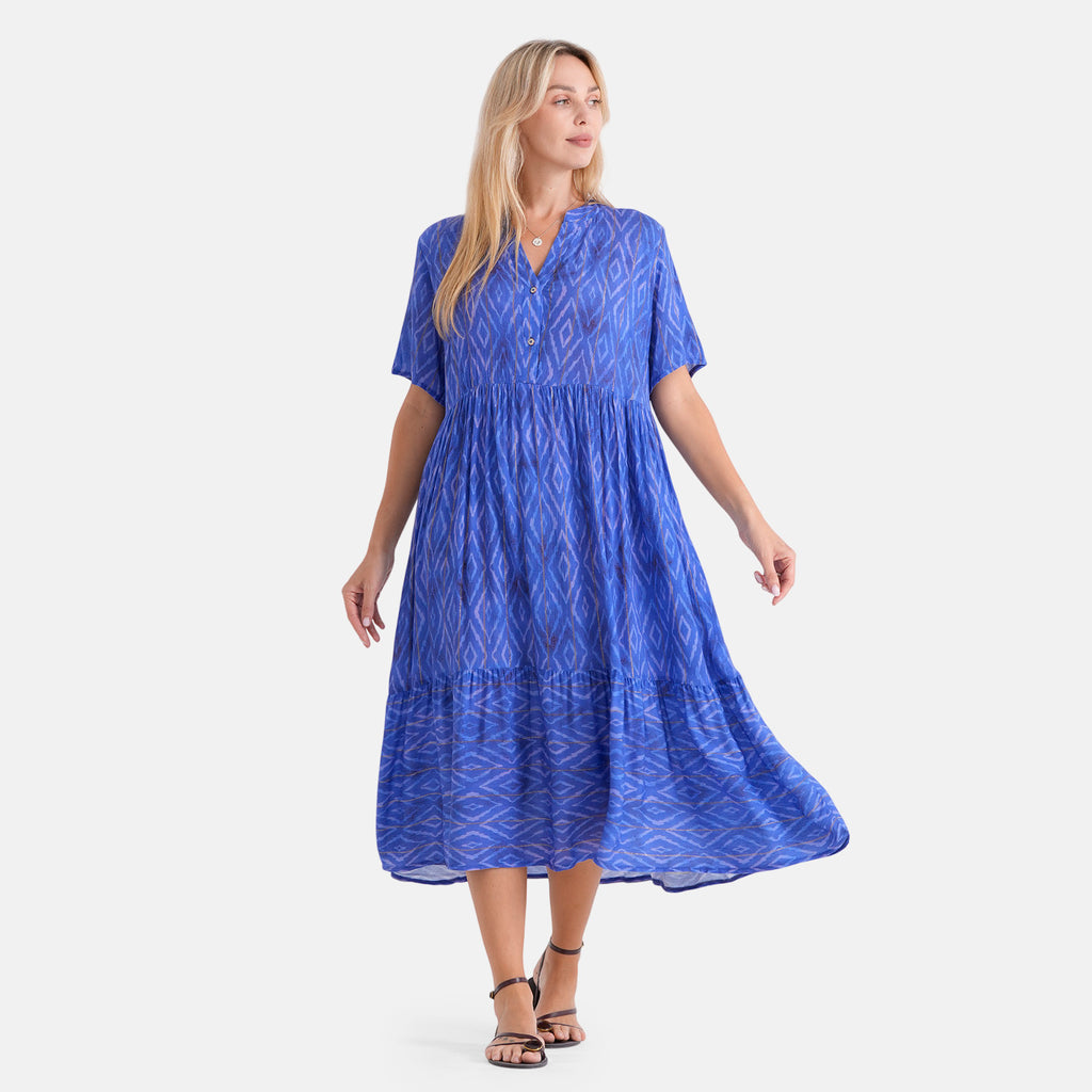 Gold Metallic Thread Stripe Geo Print Button Dress (Size S/M, 8-14) - Blue_8528735_4