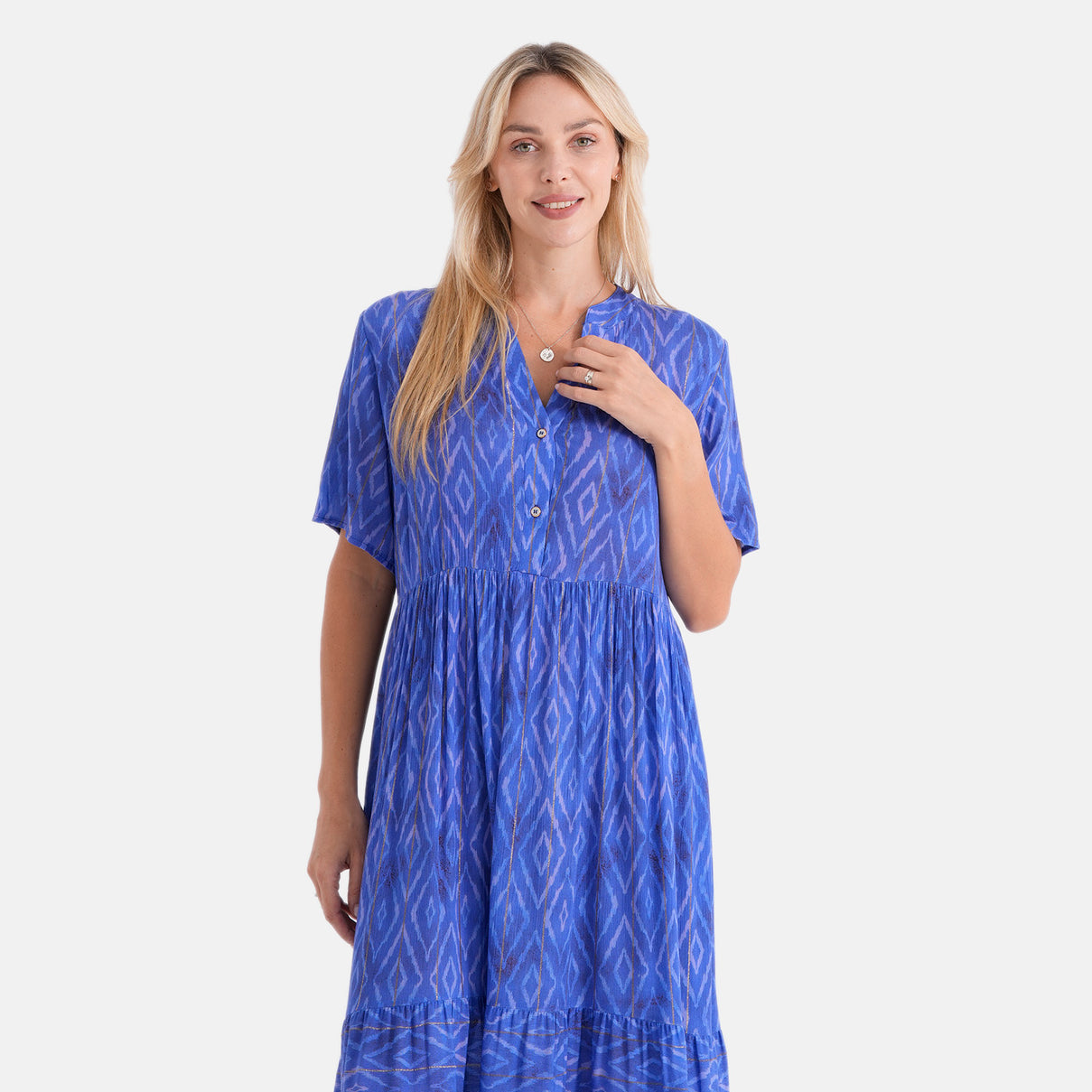 Gold Metallic Thread Stripe Geo Print Button Dress (Size S-M, 8-14) - Blue 8528735 5
