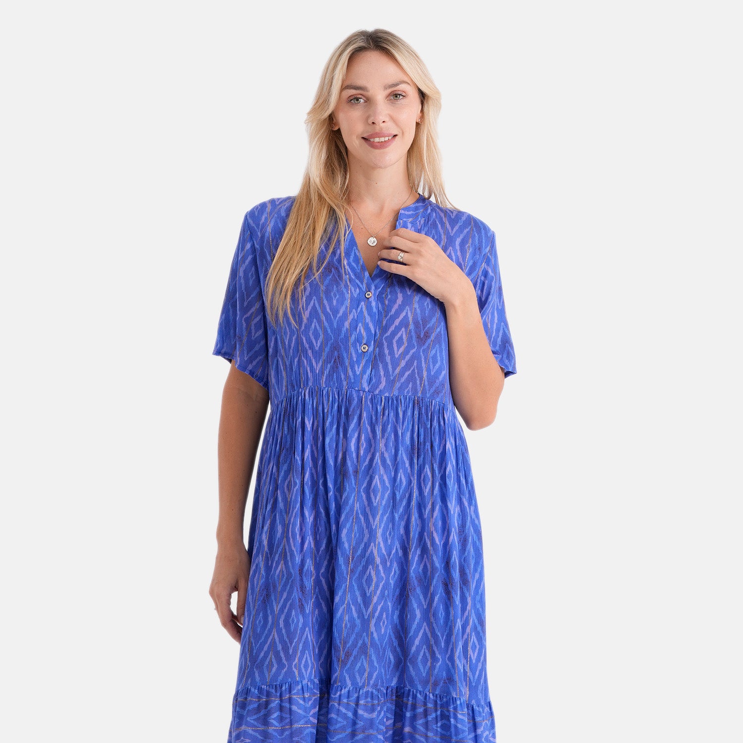 Gold Metallic Thread Stripe Geo Print Button Dress (Size S-M, 8-14) - Blue 8528735 5