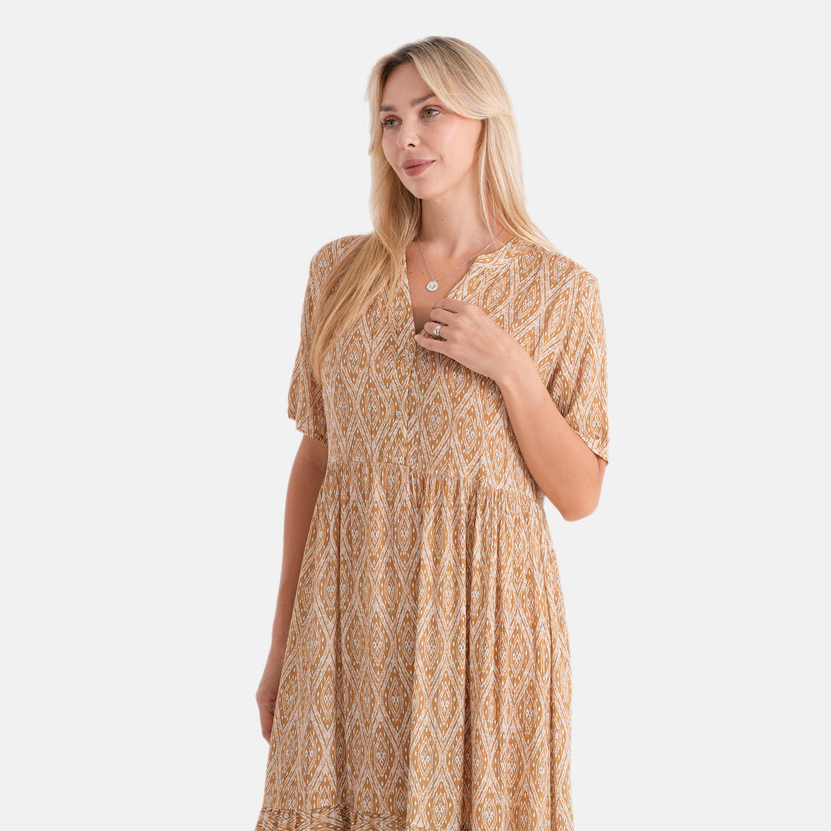Gold Metallic Thread Stripe Geo Print Button Dress (Size S/M, 8-14) - Brown 8528737 6