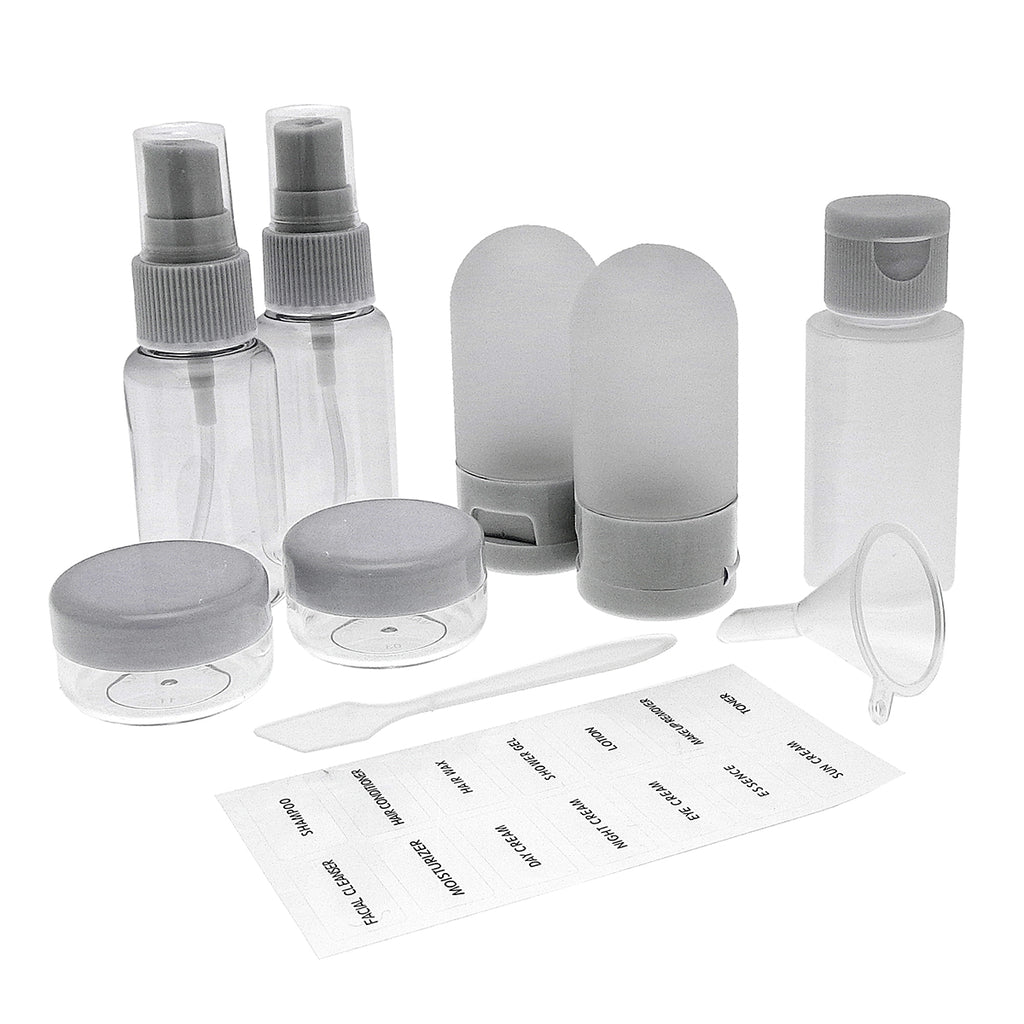 9-Piece Travel Bottle Set - Leak Proof Refillable Cosmetic Containers with Spray Pump Bottles and Funnel - Grey_8528809_1