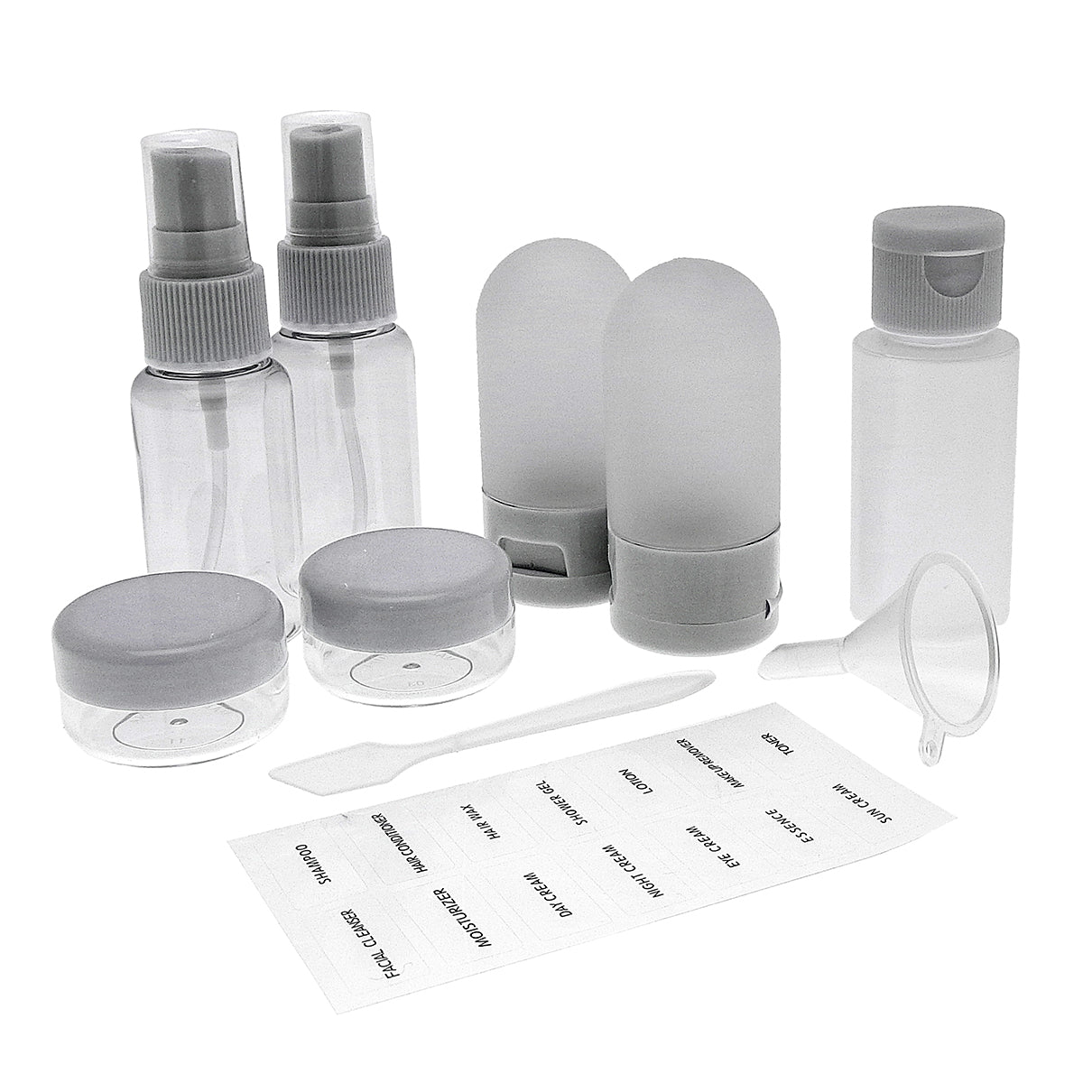 9-Piece Travel Bottle Set - Leak Proof Refillable Cosmetic Containers with Spray Pump Bottles and Funnel - Grey V32518330 1