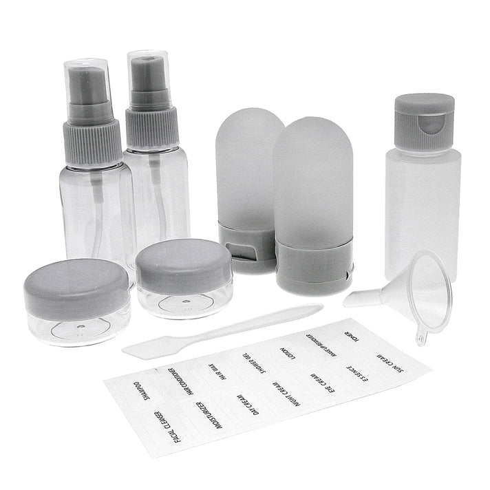 9-Piece Travel Bottle Set - Leak Proof Refillable Cosmetic Containers with Spray Pump Bottles and Funnel - Grey 8528809 2