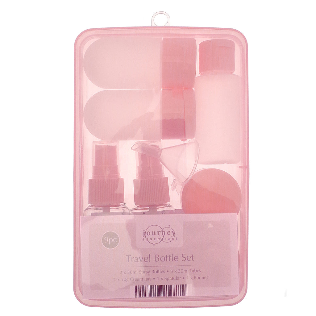 9-Piece Travel Bottle Set - Leak Proof Refillable Cosmetic Containers with Spray Pump Bottles and Funnel - Pink_8528810