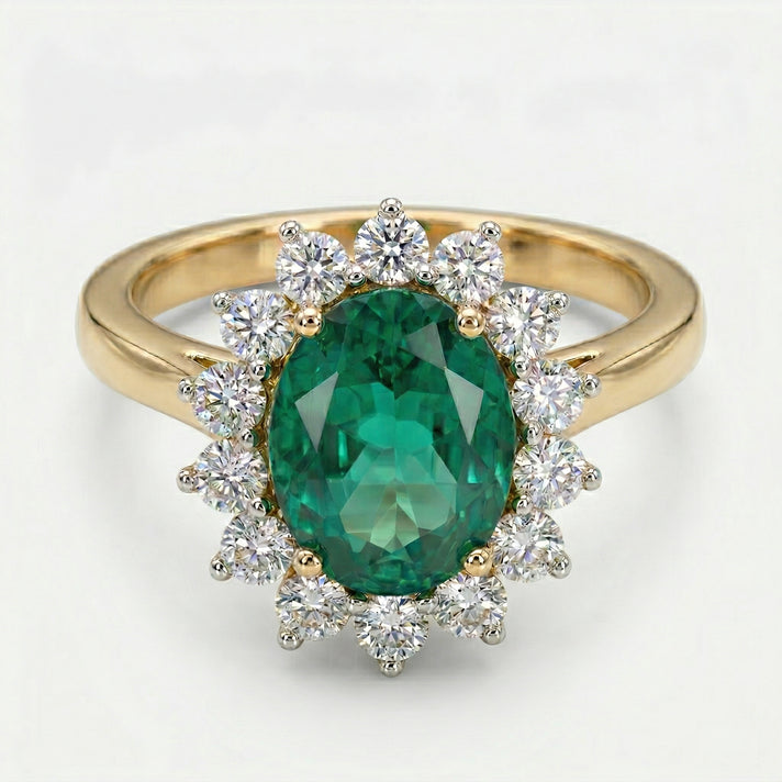 AAA Lab Grown Colombian Emerald and Lab Grown Diamond (SI-G-H 0.75 Cts) Halo Ring in 18K Vermeil Sterling Silver 3.25 Ct. 8528905 1