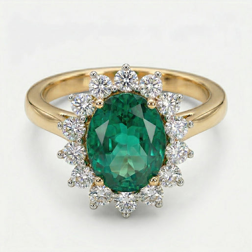 AAA Lab Grown Colombian Emerald and Lab Grown Diamond (SI-G/H 0.75 Cts) Halo Ring in 18K Vermeil Sterling Silver 3.25 Ct._8528907