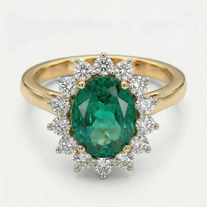 AAA Lab Grown Colombian Emerald and Lab Grown Diamond (SI-G/H 0.75 Cts) Halo Ring in 18K Vermeil Sterling Silver 3.25 Ct. 8528907 1