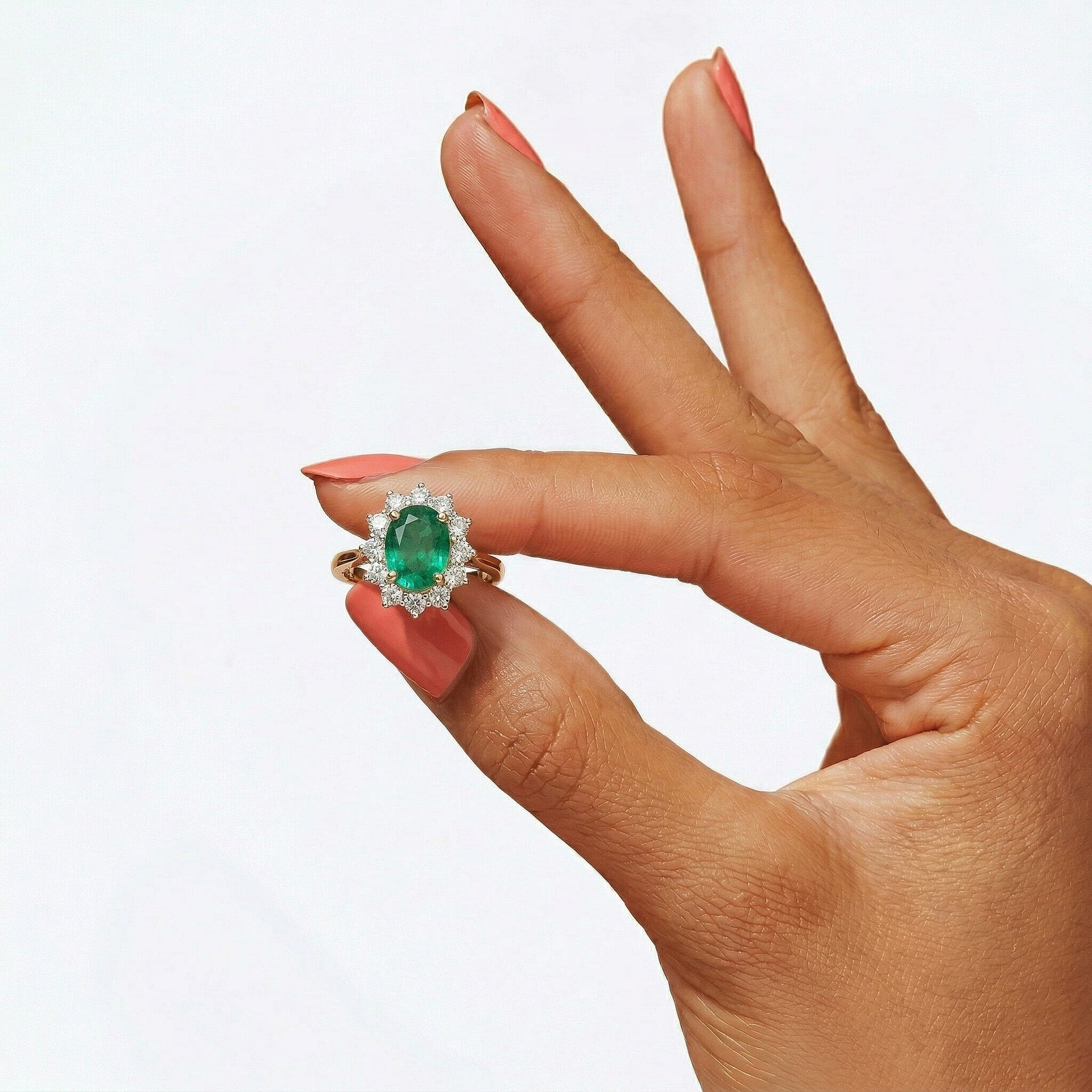 AAA Lab Grown Colombian Emerald and Lab Grown Diamond (SI-G/H 0.75 Cts) Halo Ring in 18K Vermeil Sterling Silver 3.25 Ct. 8528907 3
