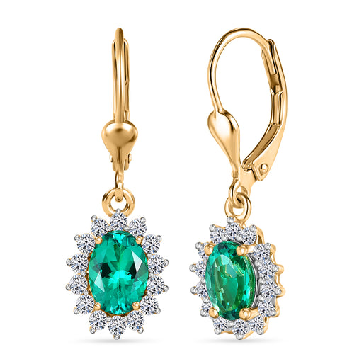 Luxuriant - Lab Grown Columbian Emerald and Lab Grown Diamond (SI-G-H) Halo Earring with Lever Back in 18K Vermeil Sterling Silver 1.78 Ct.