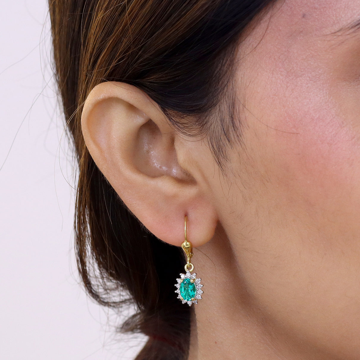 Luxuriant - Lab Grown Columbian Emerald and Lab Grown Diamond (SI-G-H) Halo Earring with Lever Back in 18K Vermeil Sterling Silver 1.78 Ct. 8528966 2