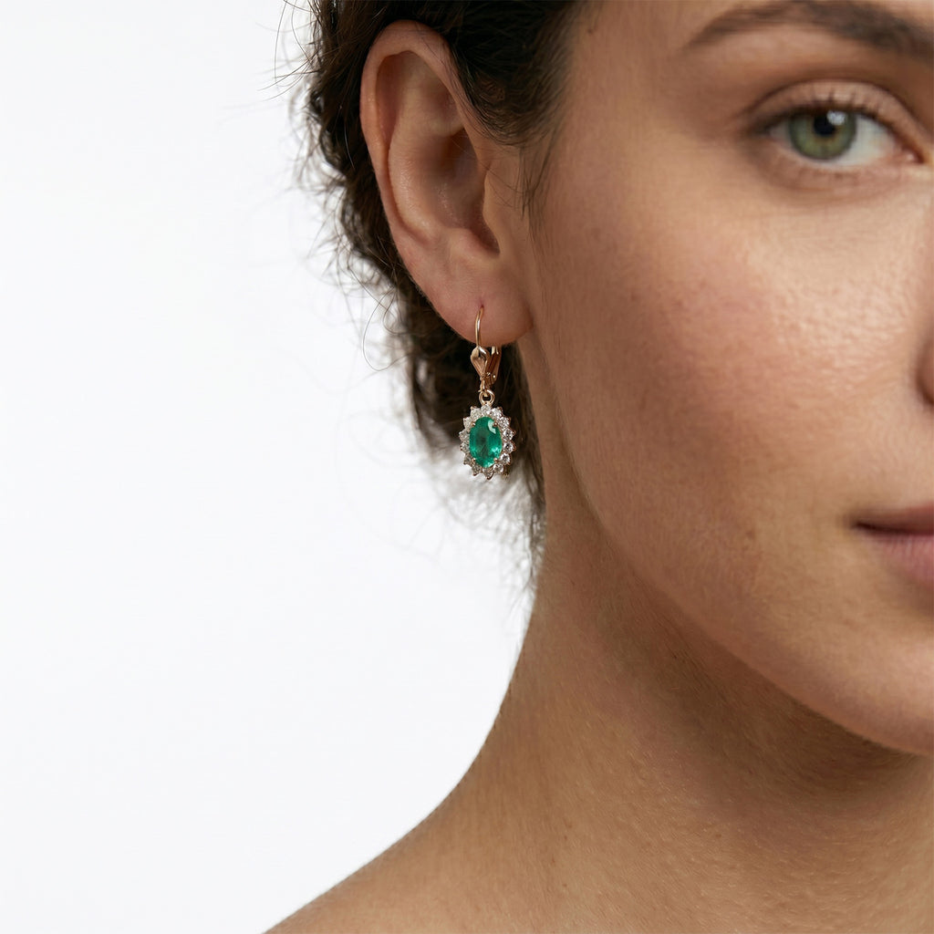 Luxuriant - Lab Grown Columbian Emerald and Lab Grown Diamond (SI-G/H) Halo Earring with Lever Back in 18K Vermeil Sterling Silver 1.78 Ct._8528966_2