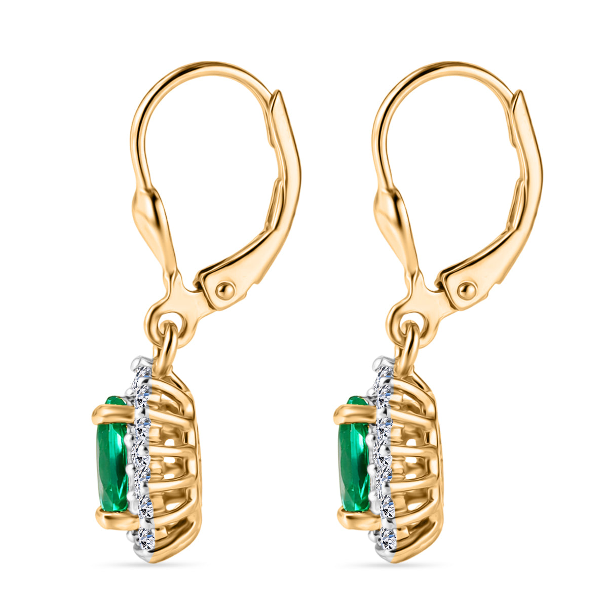Luxuriant - Lab Grown Columbian Emerald and Lab Grown Diamond (SI-G-H) Halo Earring with Lever Back in 18K Vermeil Sterling Silver 1.78 Ct. 8528966 4
