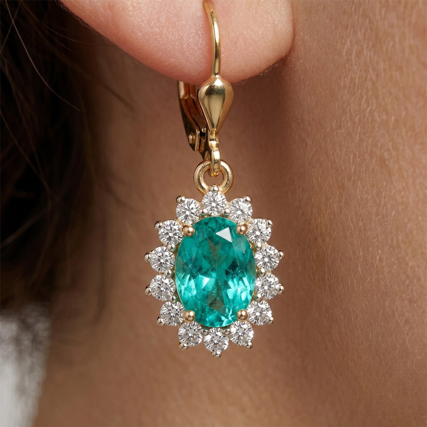 Luxuriant - Lab Grown Columbian Emerald and Lab Grown Diamond (SI-G-H) Halo Earring with Lever Back in 18K Vermeil Sterling Silver 1.78 Ct. 8528966 6