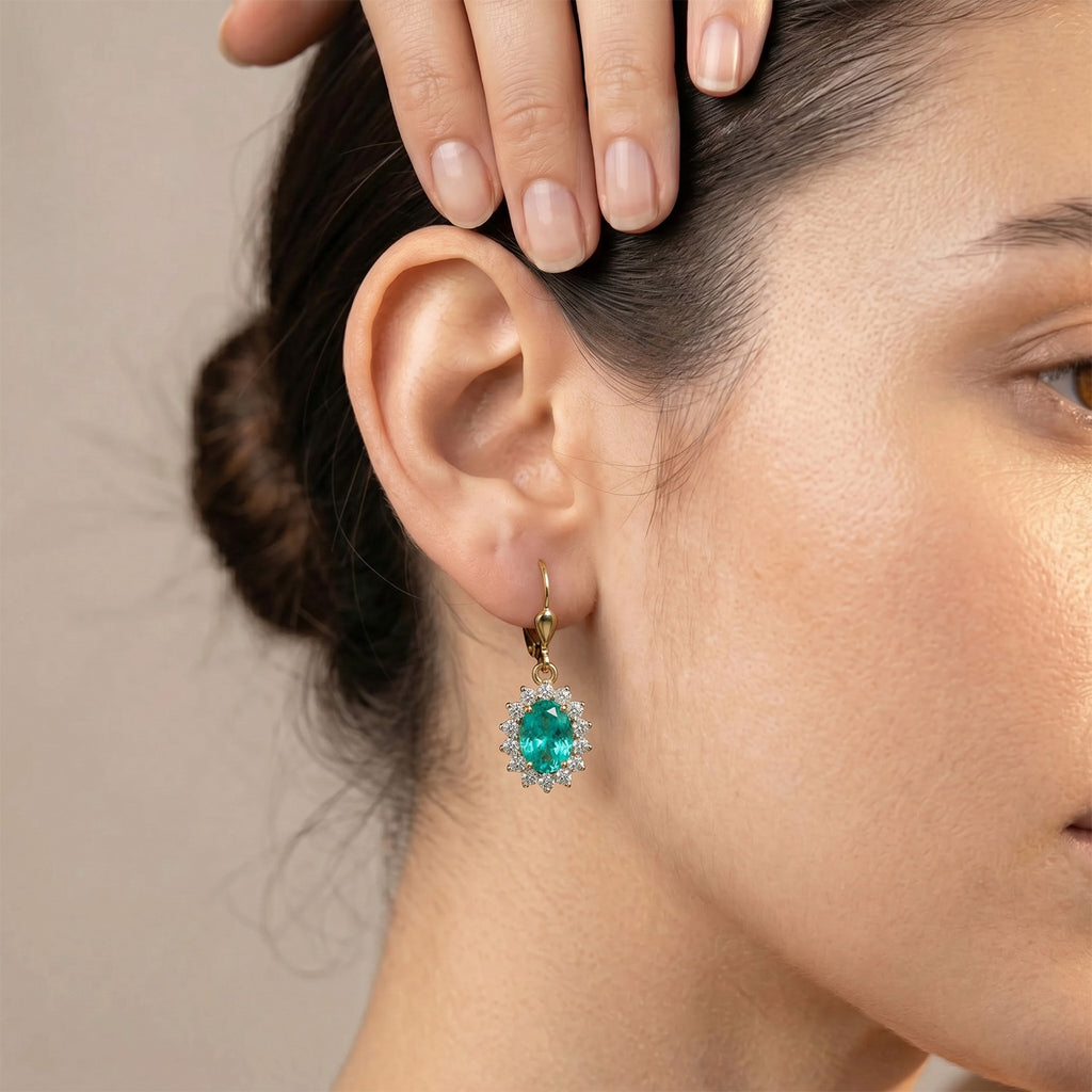 Luxuriant - Lab Grown Columbian Emerald and Lab Grown Diamond (SI-G/H) Halo Earring with Lever Back in 18K Vermeil Sterling Silver 1.78 Ct._8528966_6