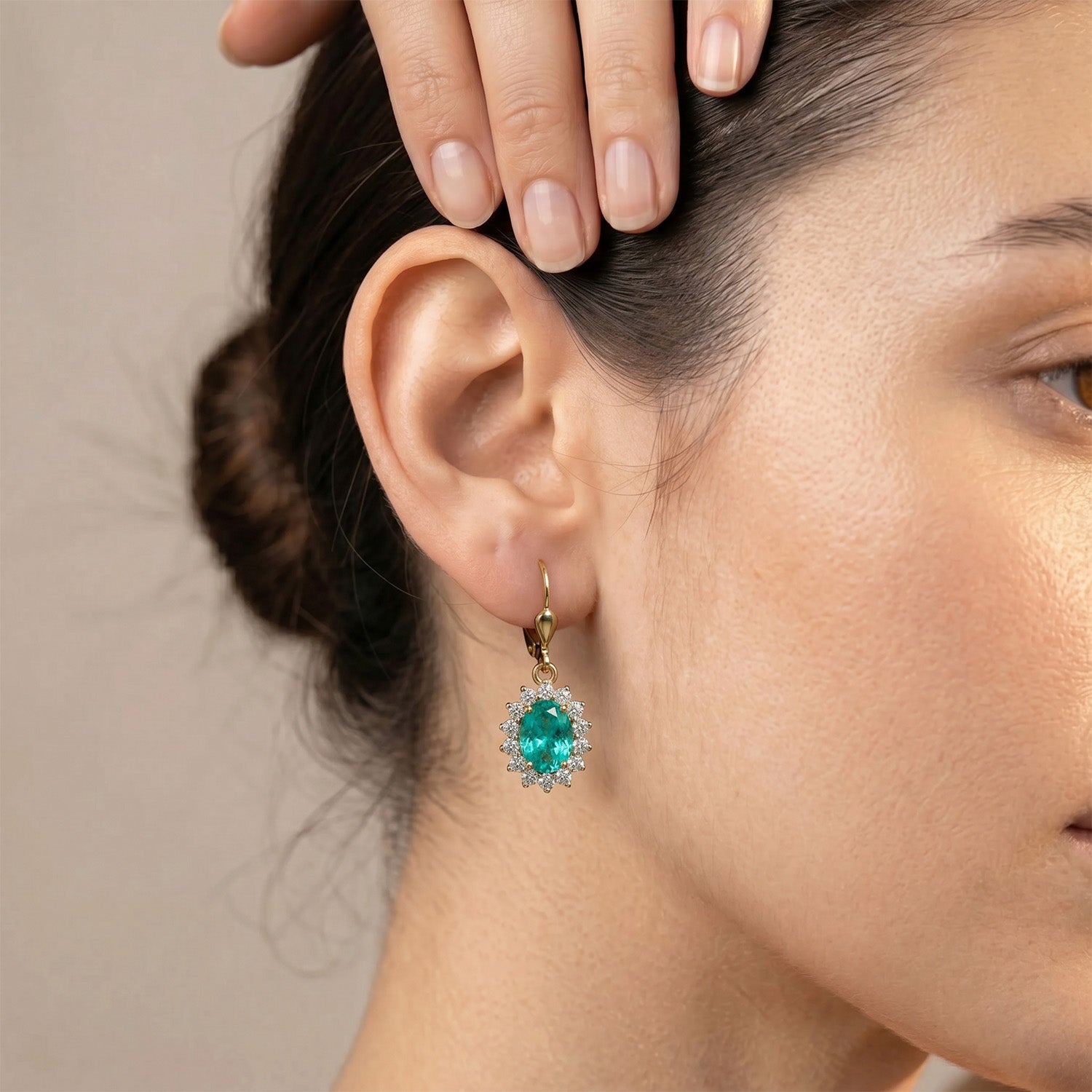 Luxuriant - Lab Grown Columbian Emerald and Lab Grown Diamond (SI-G-H) Halo Earring with Lever Back in 18K Vermeil Sterling Silver 1.78 Ct. 8528966 7