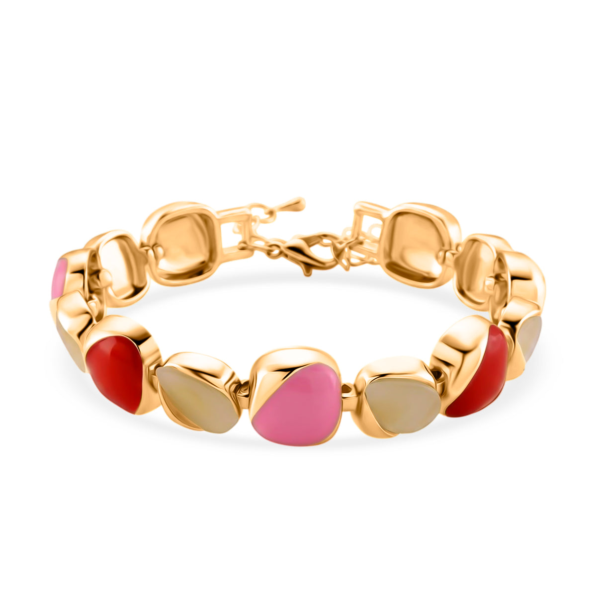 Bloomstone Collection - Created White Cat's Eye Cluster Bracelet (Size - 7+2 Ext) with Red &amp; Pink Enameling 8528993 0