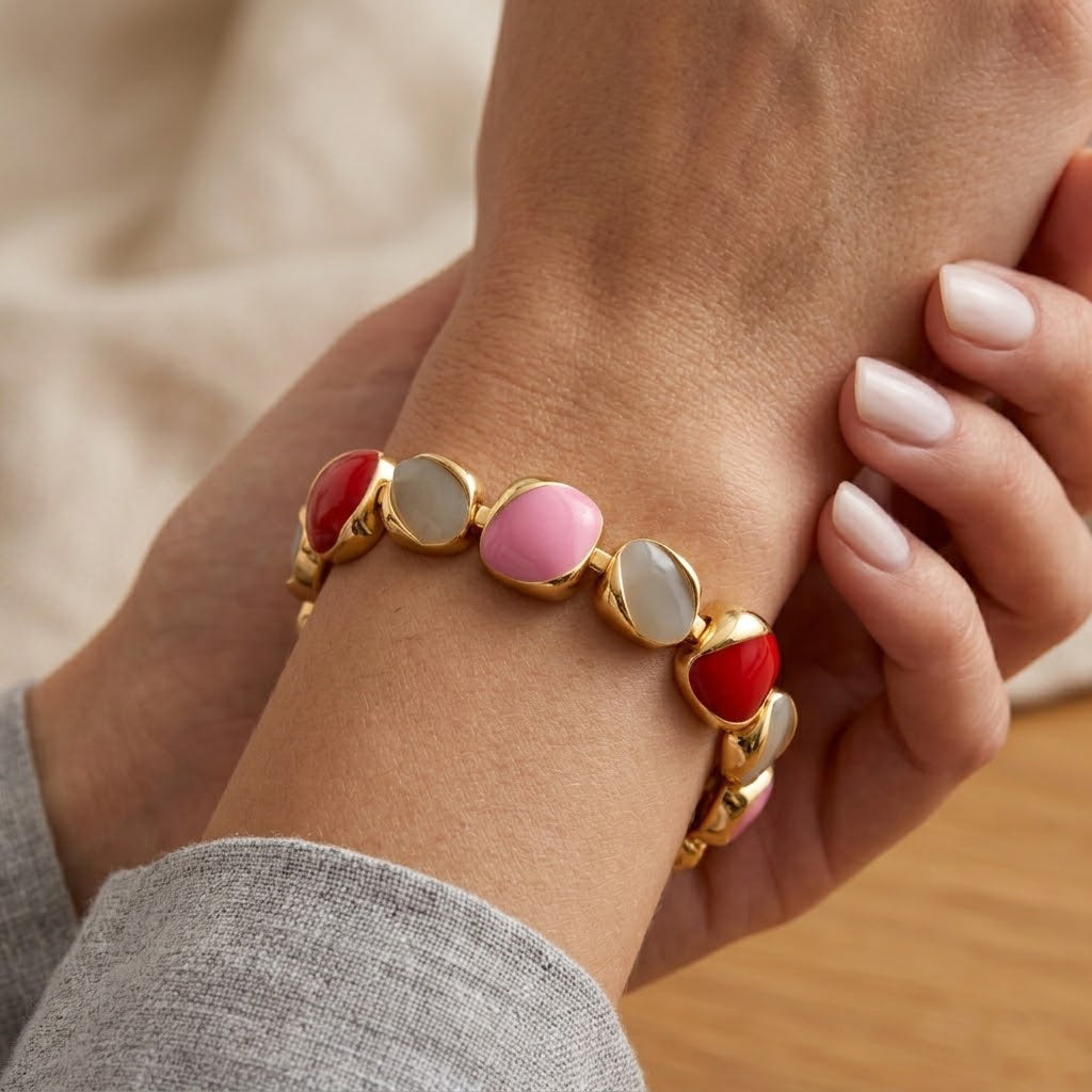 Bloomstone Collection - Created White Cat's Eye Cluster Bracelet (Size - 7+2 Ext) with Red & Pink Enameling_8528993_1