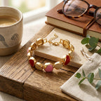 Bloomstone Collection - Created White Cat's Eye Cluster Bracelet (Size - 7+2 Ext) with Red & Pink Enameling_8528993_2