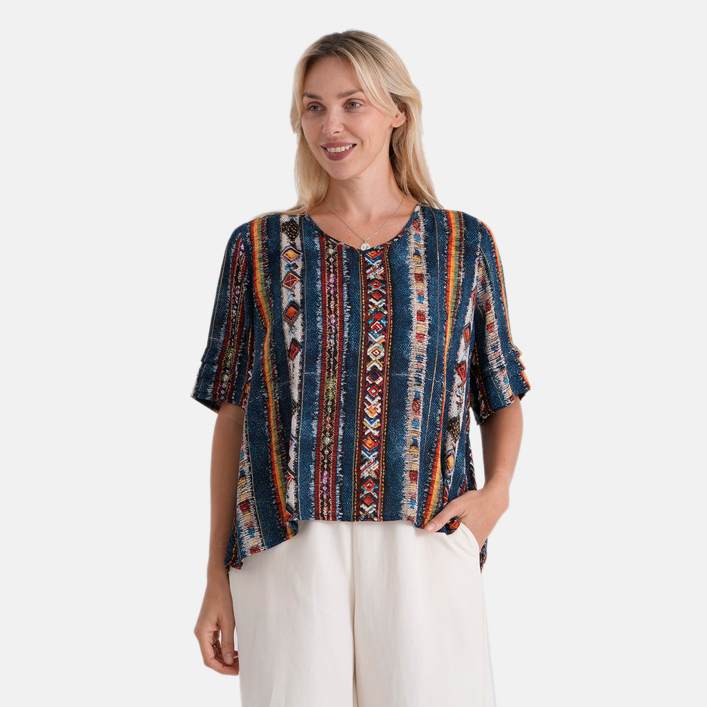 Gold Metallic Thread Stripe Print Top (Size XL, 20-22) - Dark Blue_8529064