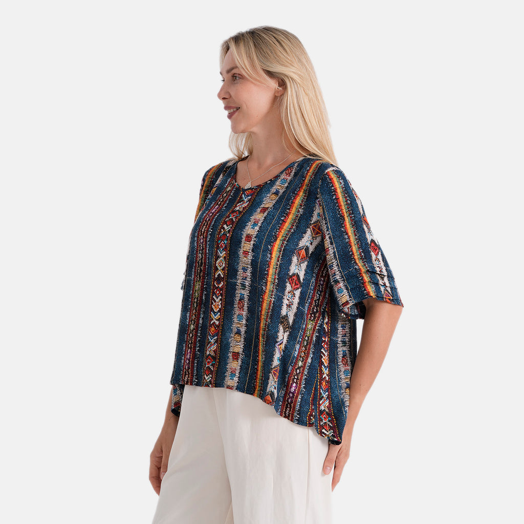 Gold Metallic Thread Stripe Print Top (Size XL, 20-22) - Dark Blue_8529064_3