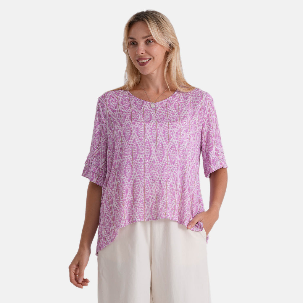 Metallic Gold Thread Geo Print Top (Size XL, 20-22) - Purple_8529067