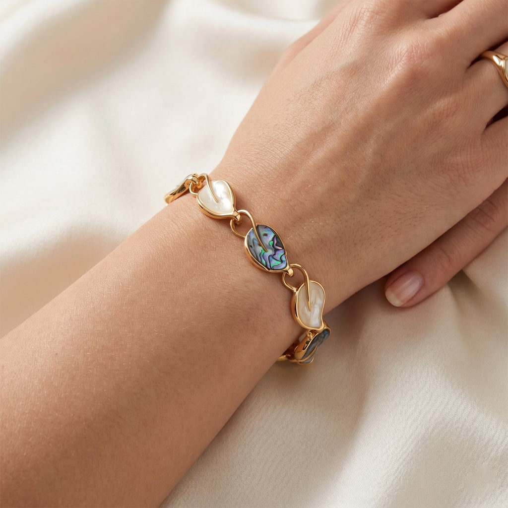 Bloomstone Collection - Abalone Shell Leaf-Shaped Link Bracelet (Size - 6.5-2 Ext)