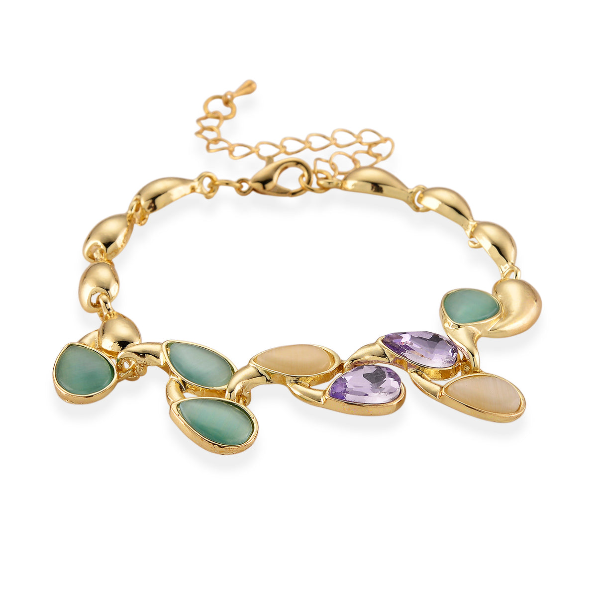 Bloomstone Collection - Created White Cat's Eye, Created Green Cat's Eye &amp; Purple Crystal Bracelet (Size - 7+2 Ext) 2.80 Ct. V32513355 0