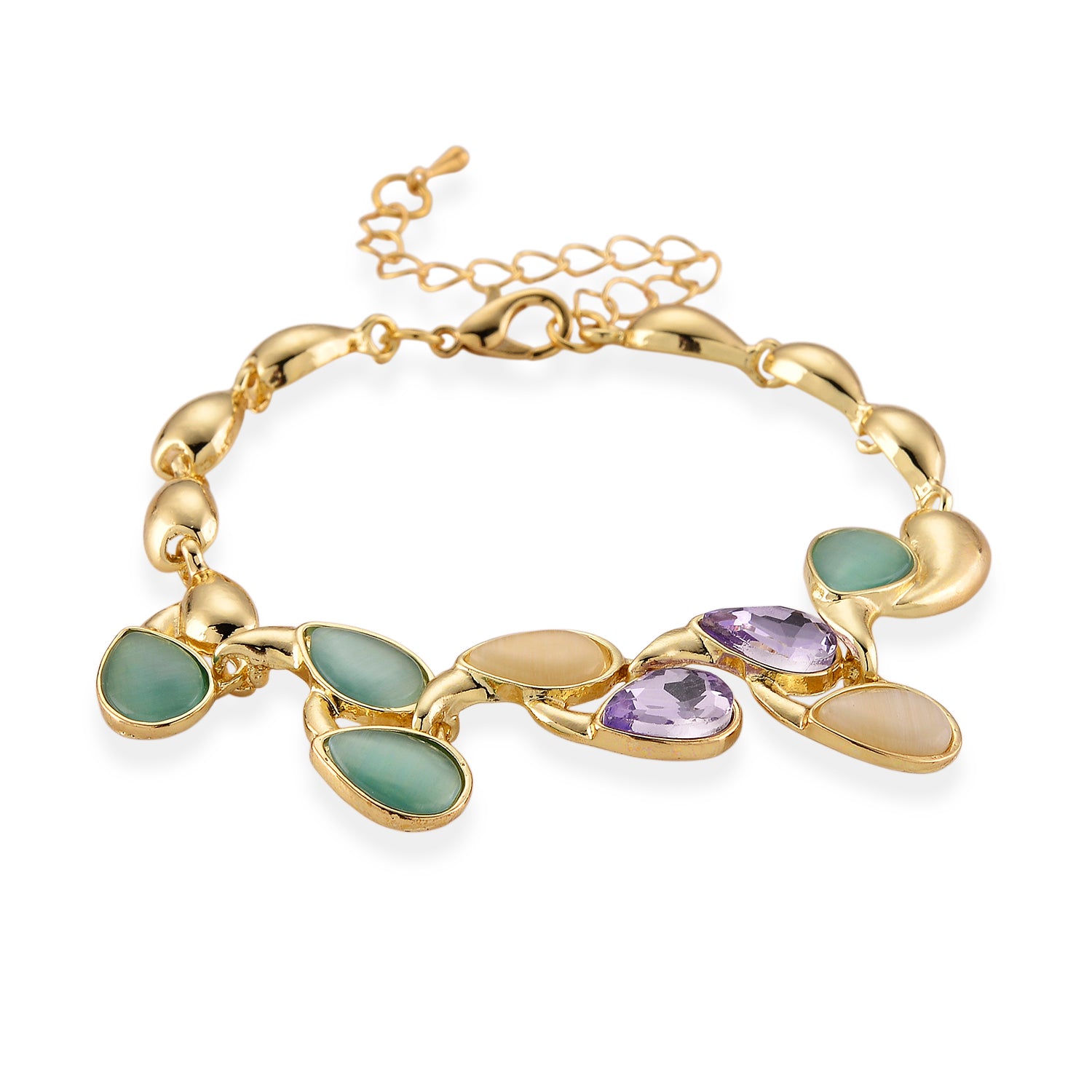 Bloomstone Collection - Created White Cat's Eye, Created Green Cat's Eye &amp; Purple Crystal Bracelet (Size - 7+2 Ext) 2.80 Ct. V32513355 0