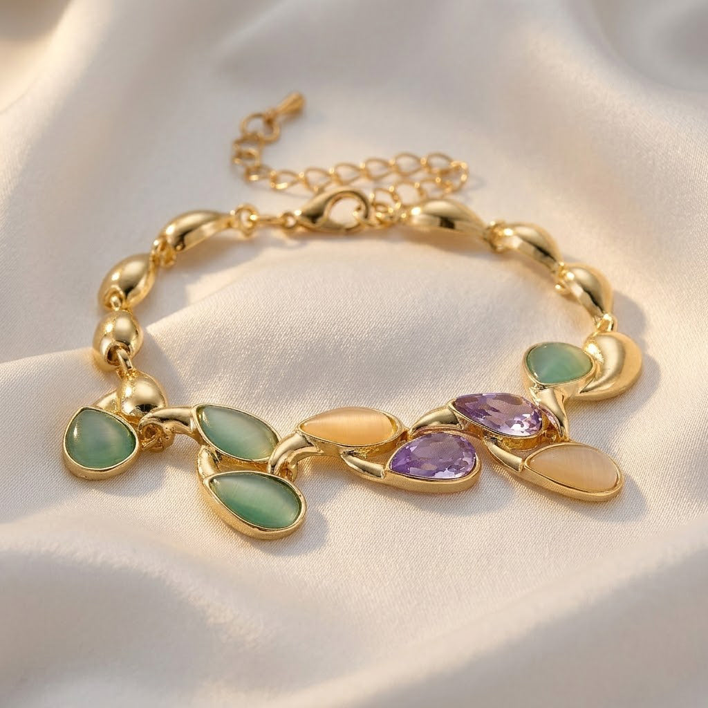 Bloomstone Collection - Created White Cat's Eye, Created Green Cat's Eye &amp; Purple Crystal Bracelet (Size - 7+2 Ext) 2.80 Ct. V32513355 2