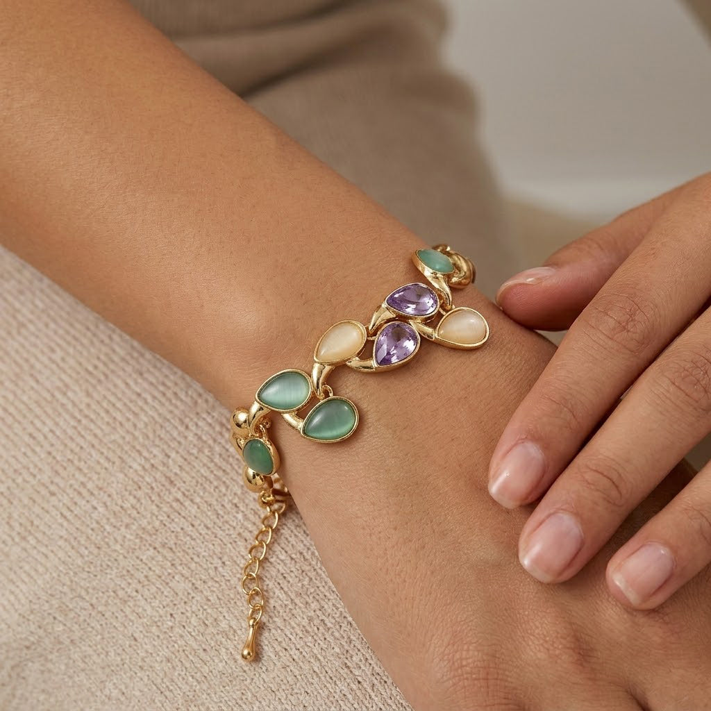 Bloomstone Collection - Created White Cat's Eye, Created Green Cat's Eye &amp; Purple Crystal Bracelet (Size - 7+2 Ext) 2.80 Ct. V32513355 3