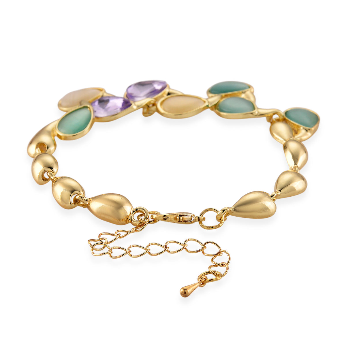 Bloomstone Collection - Created White Cat's Eye, Created Green Cat's Eye &amp; Purple Crystal Bracelet (Size - 7+2 Ext) 2.80 Ct. V32513355 4