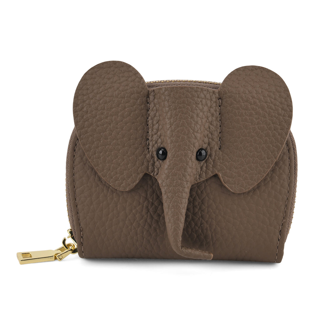 Genuine Leather Elephant RFID Zip Around Card Holder Wallet - Grey_8529489