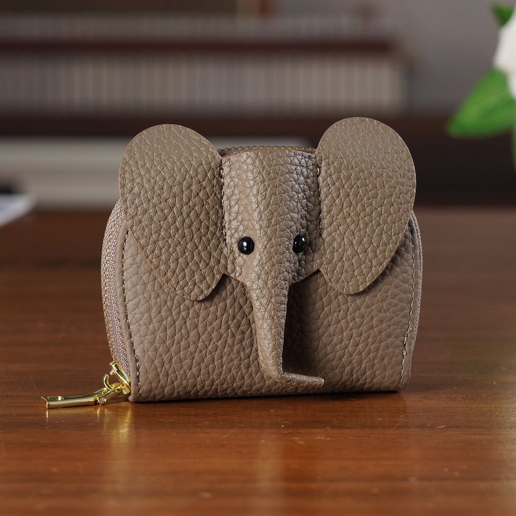 Genuine Leather Elephant RFID Zip Around Card Holder Wallet - Grey_8529489_1