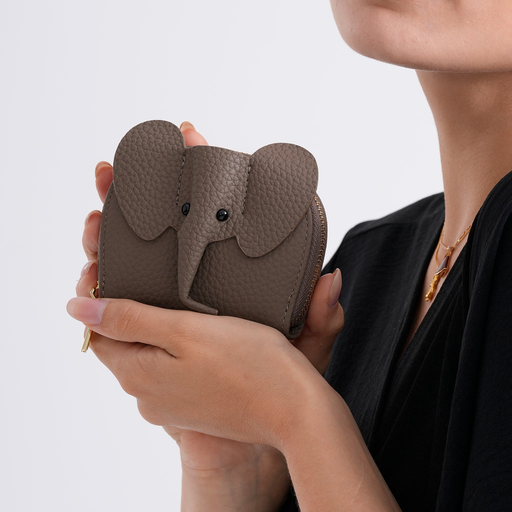 Genuine Leather Elephant RFID Zip Around Card Holder Wallet - Grey_8529489_3