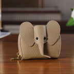Genuine Leather Elephant RFID Zip Around Card Holder Wallet - Khaki_8529490_1