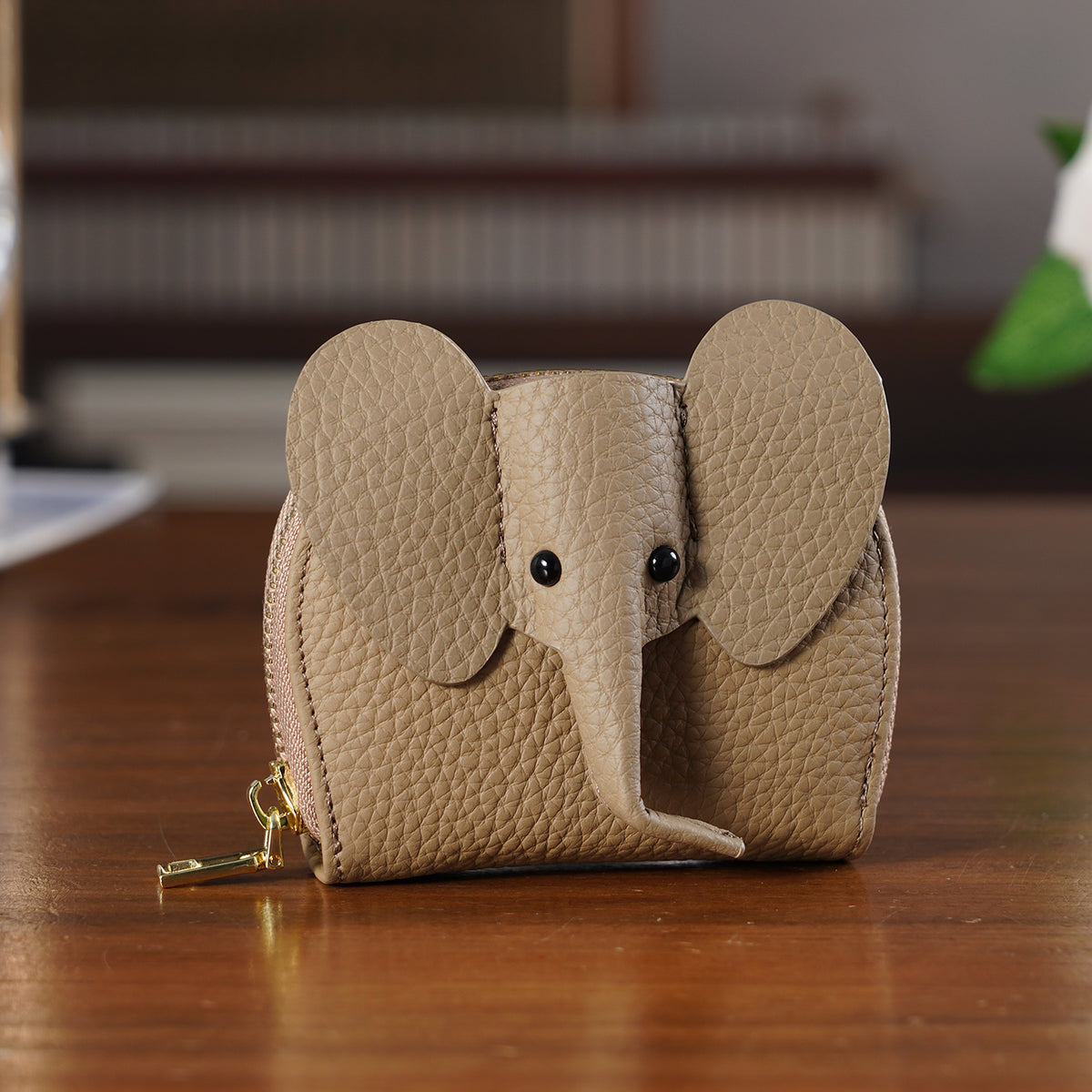 Genuine Leather Elephant RFID Zip Around Card Holder Wallet - Khaki V32520235 2