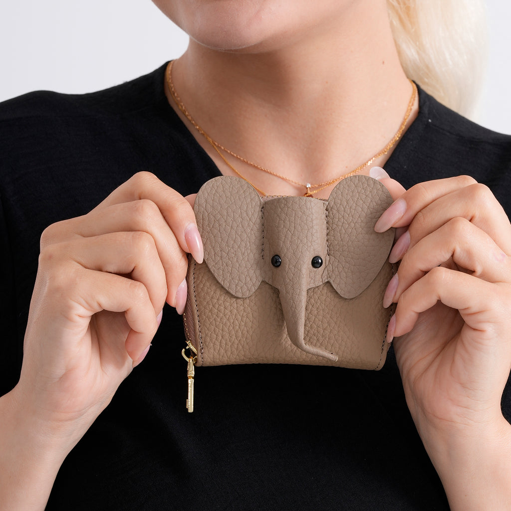 Genuine Leather Elephant RFID Zip Around Card Holder Wallet - Khaki_8529490_3