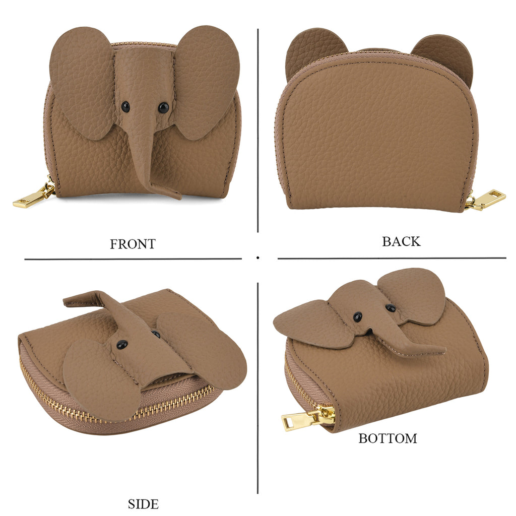 Genuine Leather Elephant RFID Zip Around Card Holder Wallet - Khaki_8529490_4