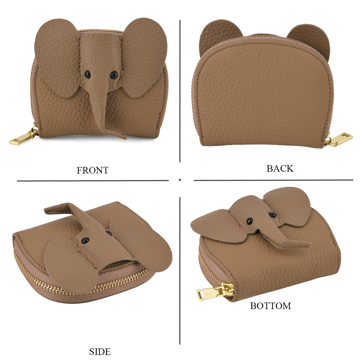 Genuine Leather Elephant RFID Zip Around Card Holder Wallet - Khaki V32520235 5