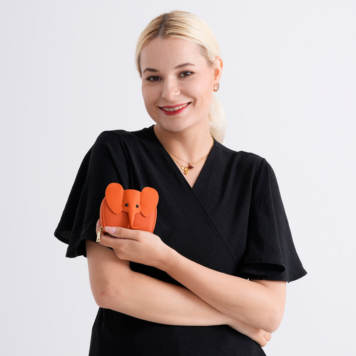Genuine Leather Elephant RFID Zip Around Card Holder Wallet - Orange V32518377 3
