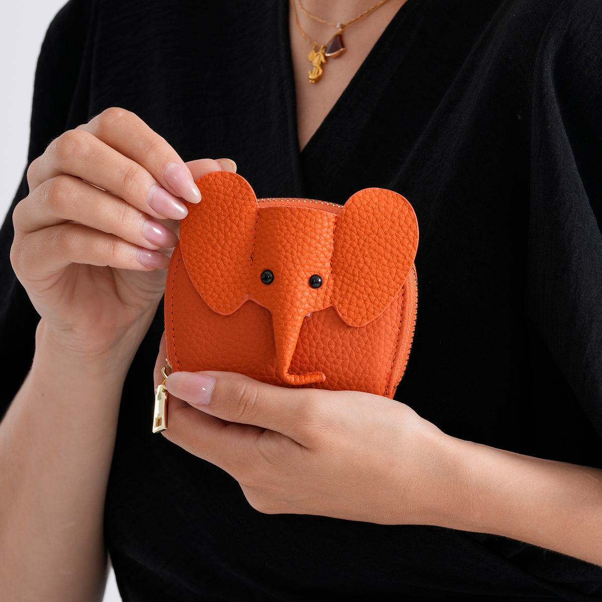 Genuine Leather Elephant RFID Zip Around Card Holder Wallet - Orange V32518377 4