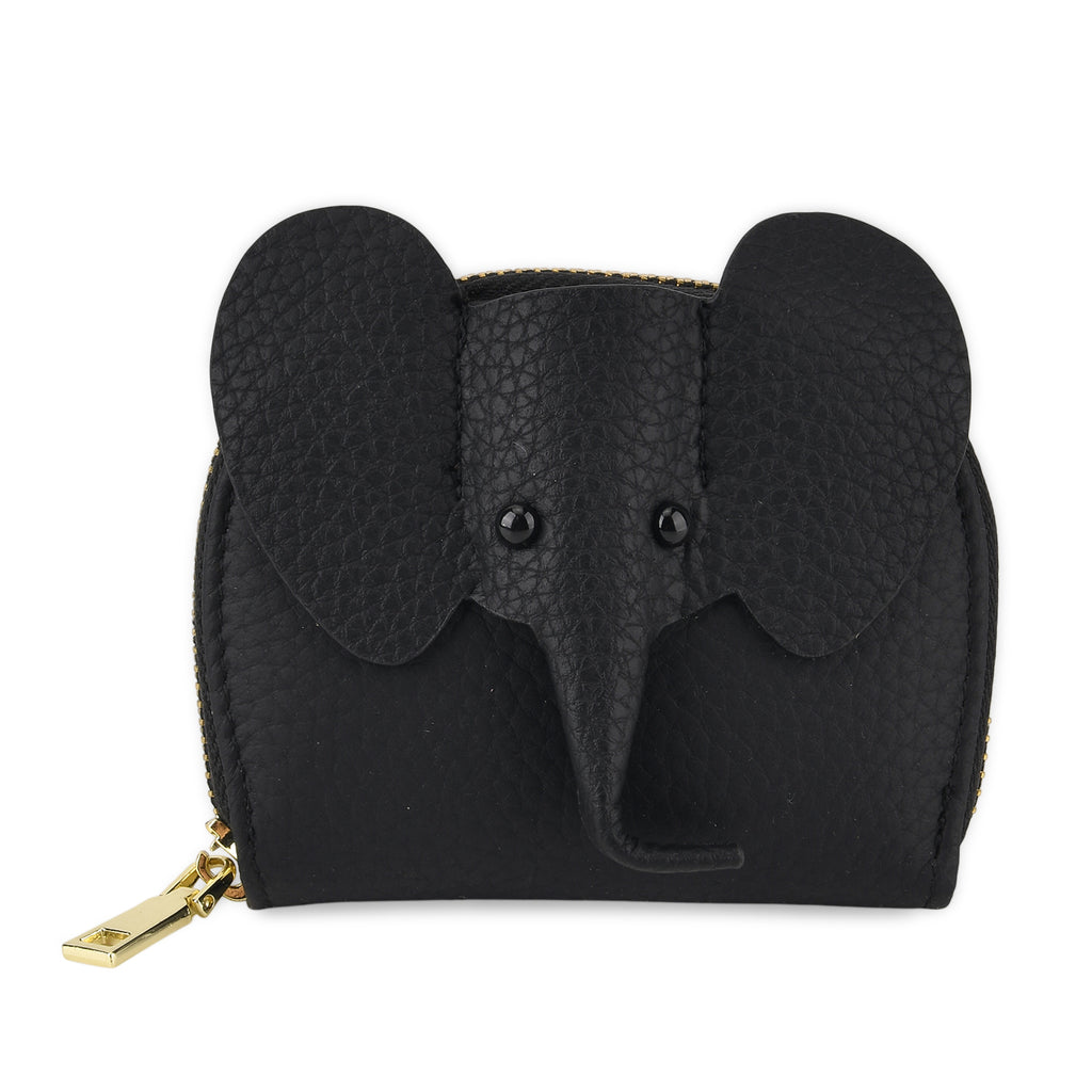Genuine Leather Elephant RFID Zip Around Card Holder Wallet - Black_8529492