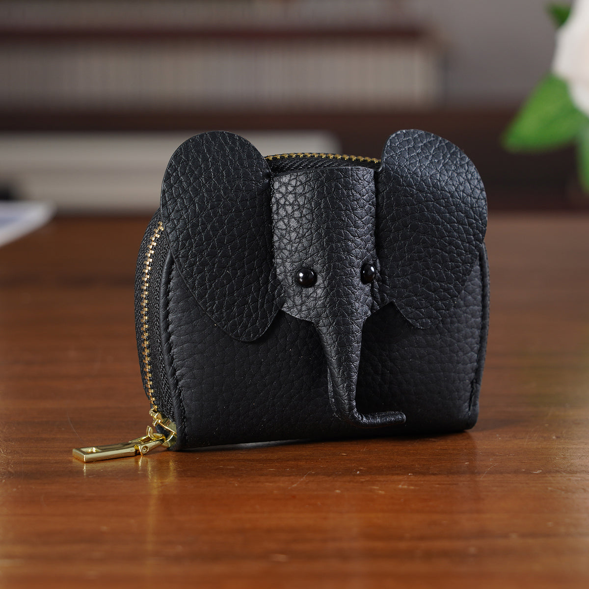 Genuine Leather Elephant RFID Zip Around Card Holder Wallet - Black V32520452 2